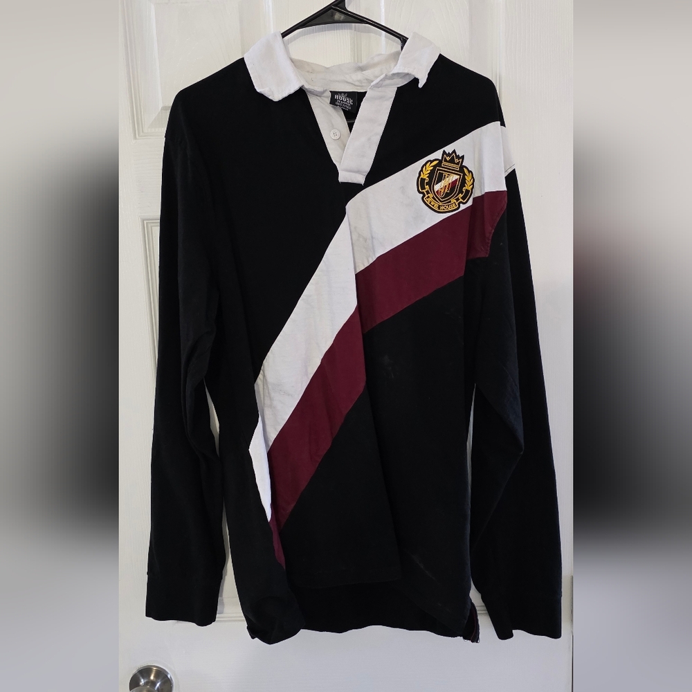 Black and White Men's Rugby Shirt with Burgundy Accent